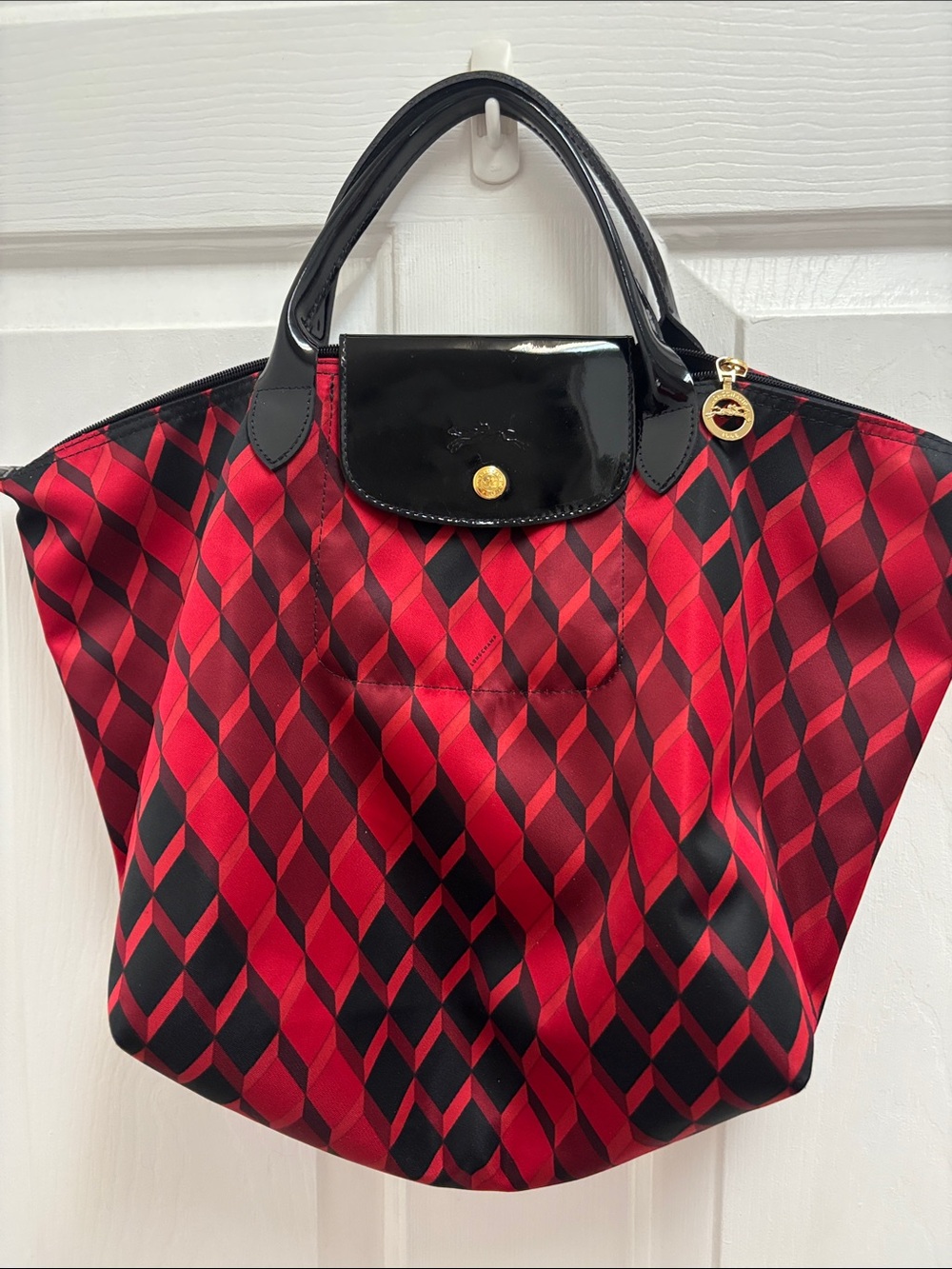 Longchamp Red and Black Geometric Tote with Black Patent Trim